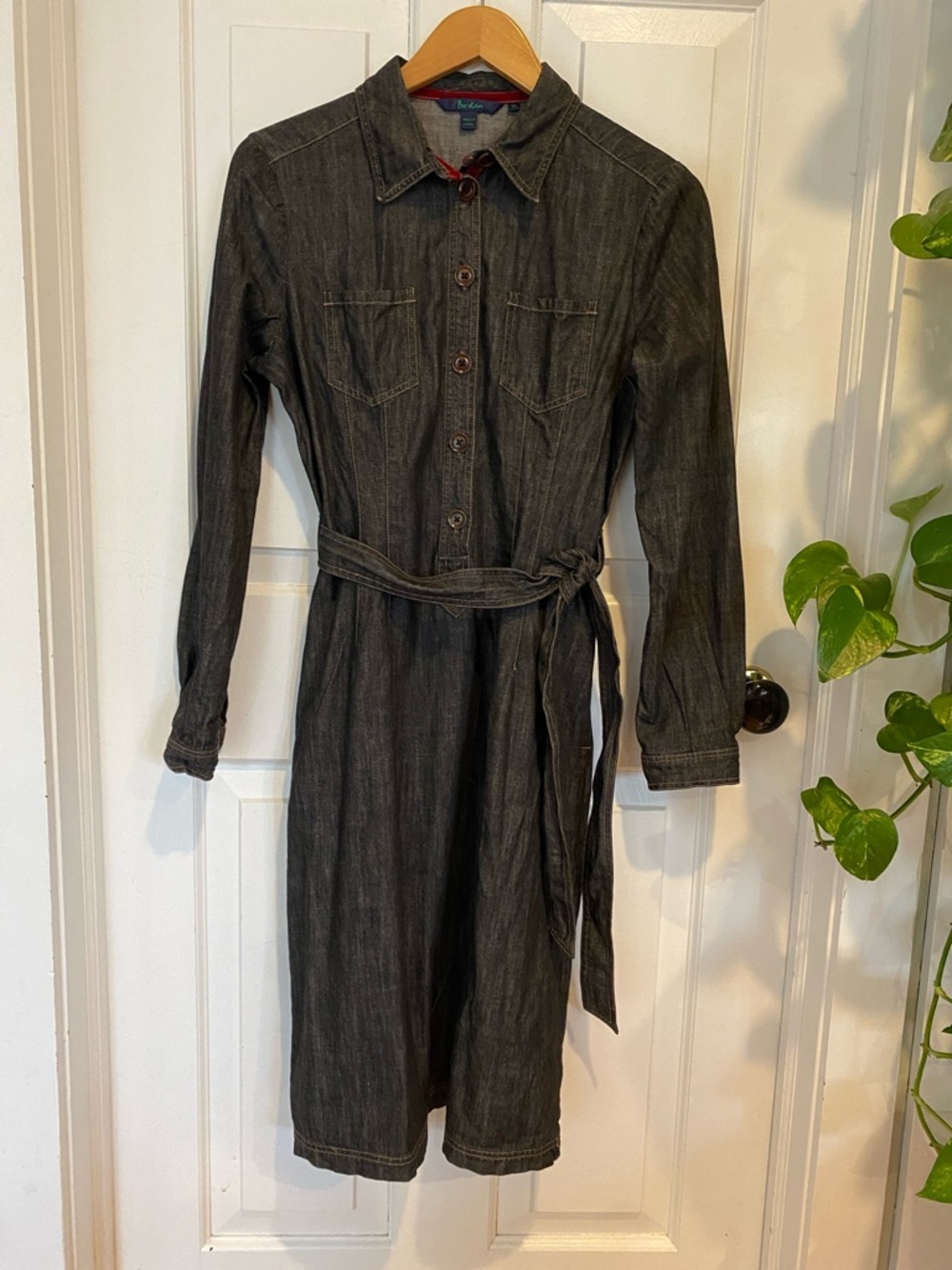 Boden Denim Black Long-Sleeve Shirt Dress with Waist Tie preppy business casual